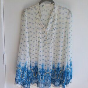 blu pepper Blouse - Large - blue white sheer long sleeve (712)